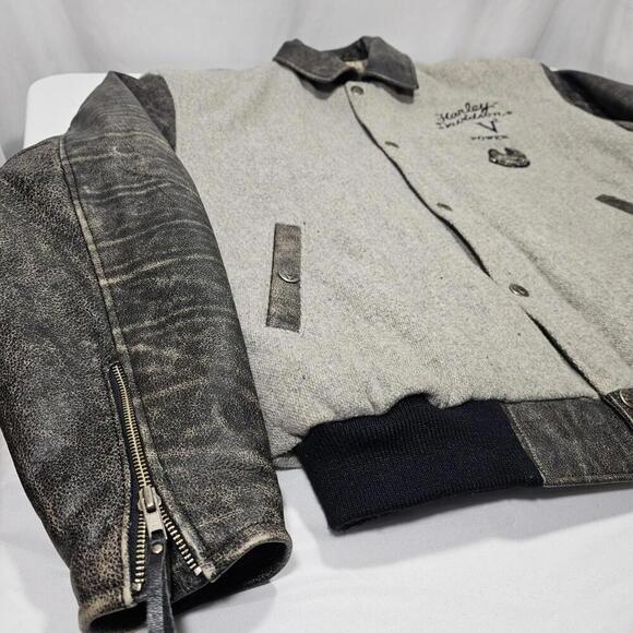 Harley Davidson Men Leather Jacket V Power Motorcycles Spell Out Logo Zip Coat L - Picture 8 of 15